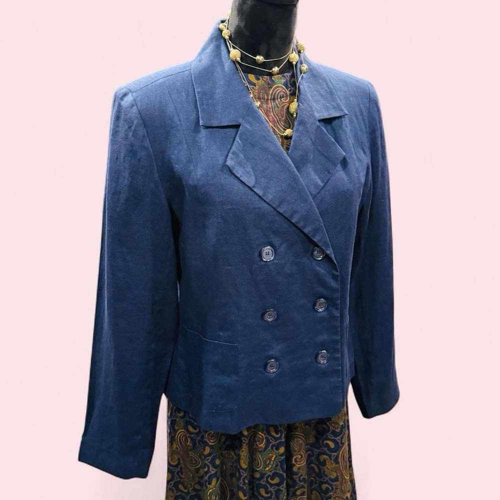 Vintage J.G. Hook 100% Linen Blazer Womens Blue Double Breasted Minimalist 14